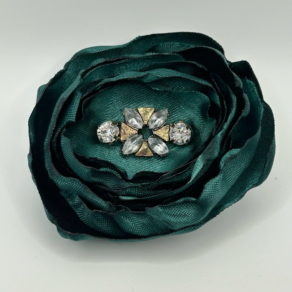 Elegant Green Satin Hair Flower with repurposed Antique center stones